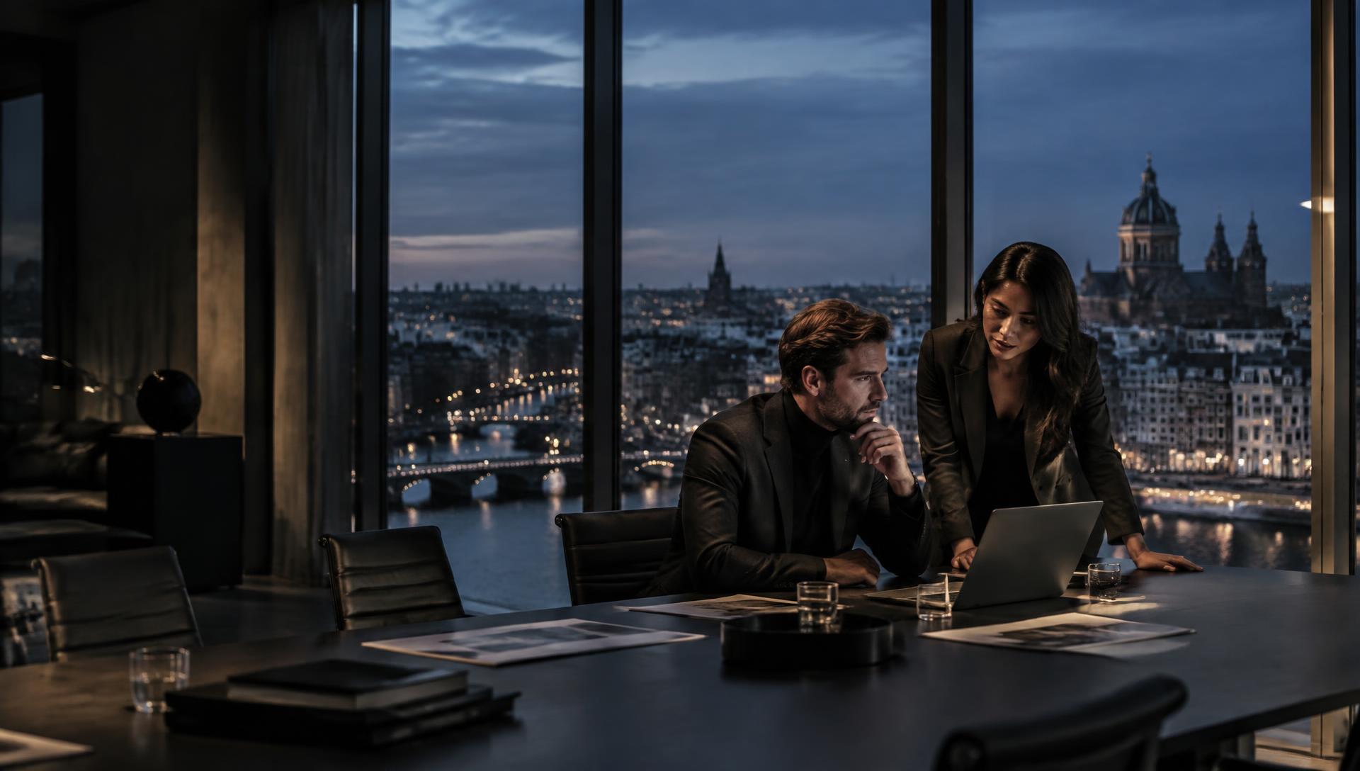 Founders discussing an opportunity above Amsterdam at blue hour